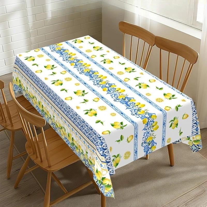 1pc Rectangular Tablecloth White Blue Yellow Lemon Print Table Cover For Kitchen Dining Room Decorative Dustproof Oilproof
