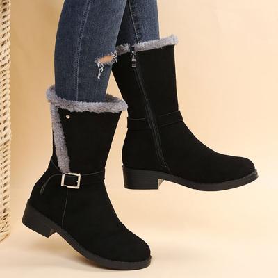 Fashion Boots Women's Large Size Autumn and Winter Side Zipper Middle Tube Thickened Velvet Thermal Cotton Boots Women