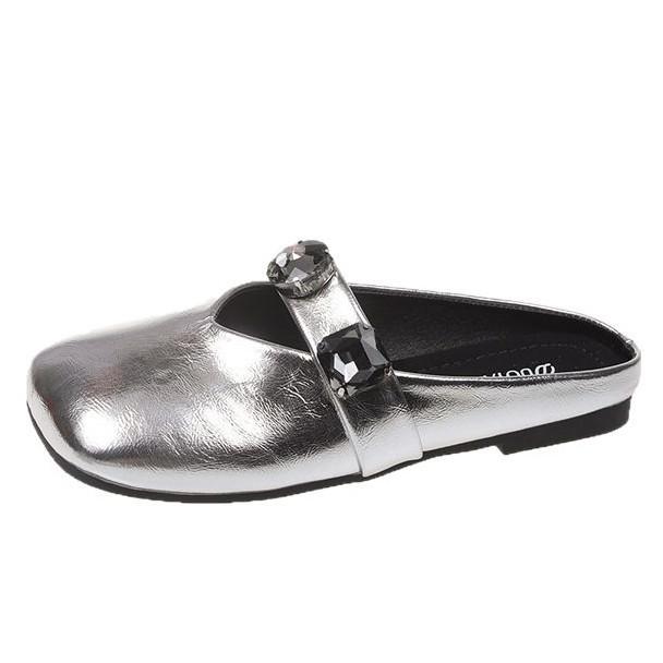 Internet Celebrity Super Fire Fairy Wind Square Head Baotou Rhinestone Versatile Slippers Women's Shoes Summer Wear 2025 New Flat Sandals