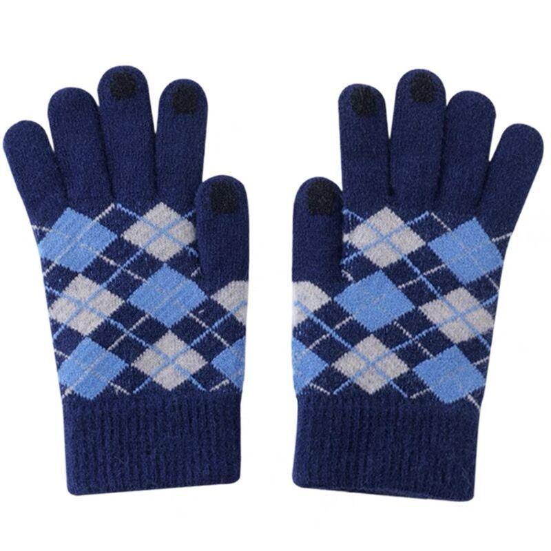

Gloves for Women Winter Woolen Knitted Color Blocked Rhombus Plaid Touch Screen Warm and Cold Proof Plus Velvet Five Finger Student Riding one size