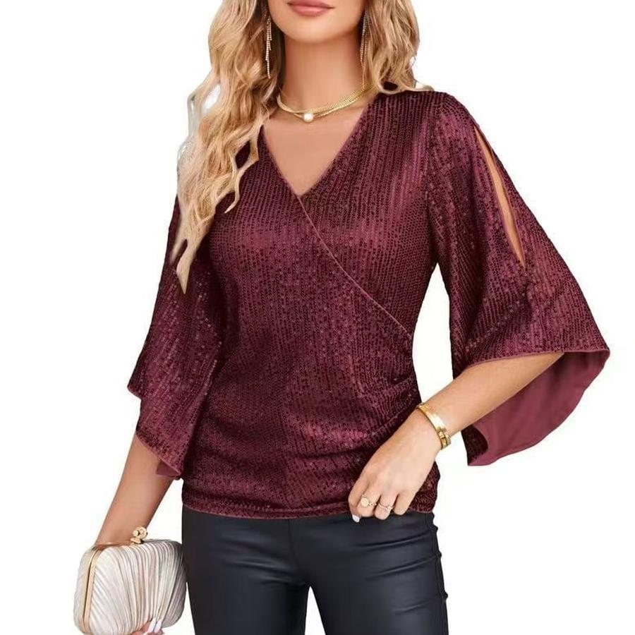 New Loose Long Sleeve Shiny T-Shirt Women Sleeveless Set