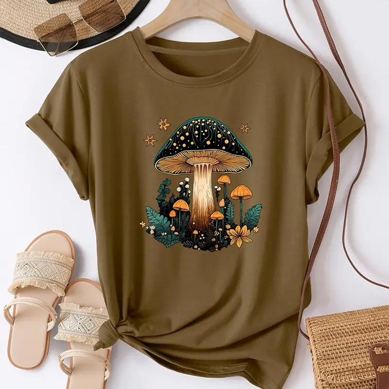 

Женская летняя футболка Ретро мода Футболки с коротким рукавом Повседневные топы с принтом грибов 8XL коричневый