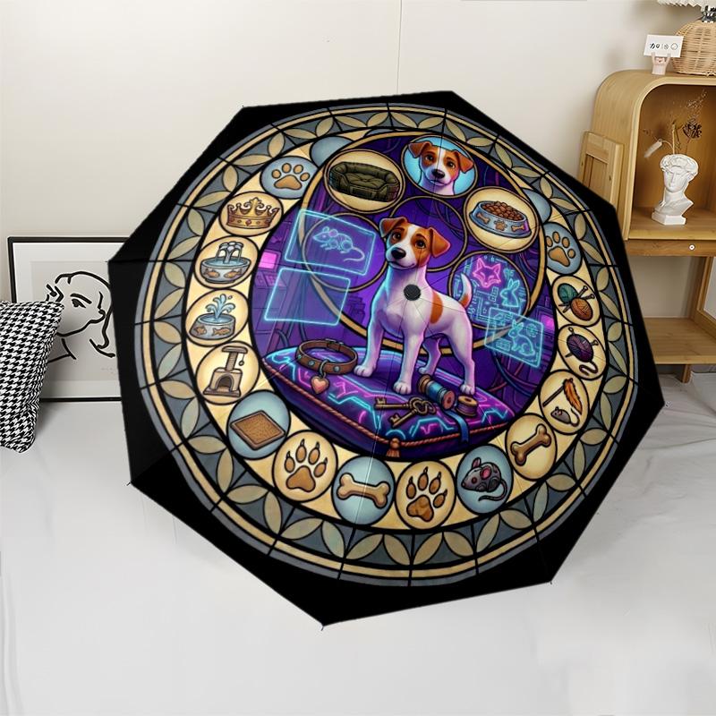 Glass Dog Fantasy pattern umbrella, portable and foldable design, 8 ribs, a casual accessory for Halloween, Christmas, and birthday gifts.