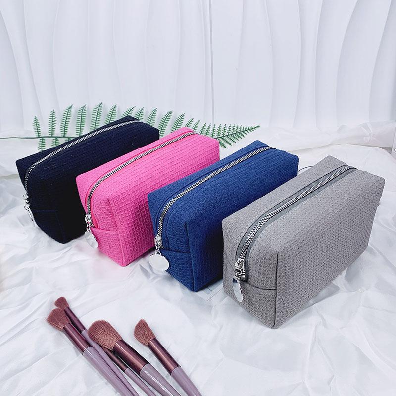 Large Capacity Waffle Cosmetic Bag - Portable Solid Color Toiletry Bag for Women