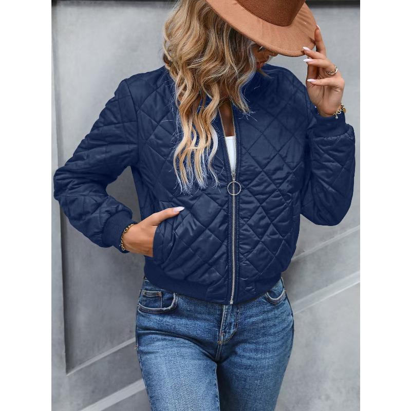 Women Quilted Bomber Jacket Zip Up Diamond Pattern Cropped Padded Coat Ribbed Trim Long Sleeve Casual Outerwear