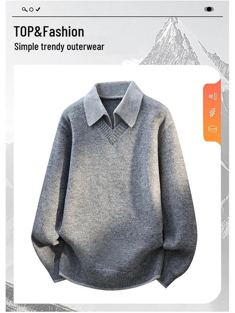 Men's Stylish Solid Color Two-Piece Look Lapel Sweater - Warm Japanese-Style Knitwear for Autumn/Winter.