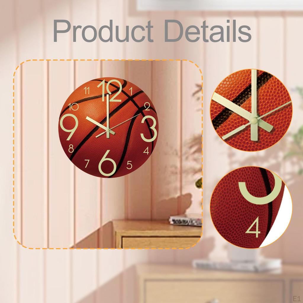 Basketball Wall Hanging Clock Decorative Stylish 12 inch Silent Ornament for Kitchen
