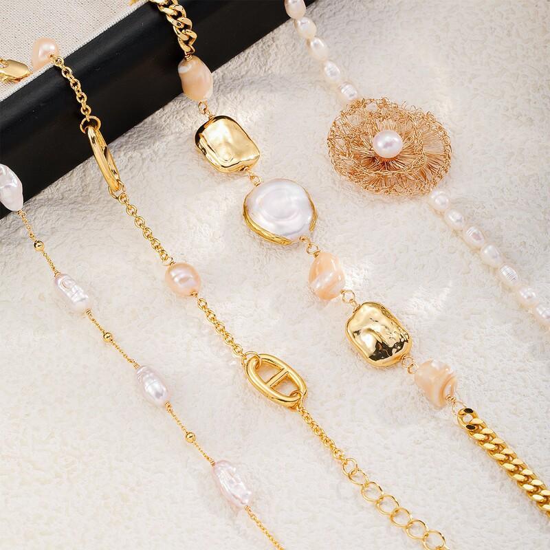 Elegant Freshwater Pearl Bracelet With 18K Gold Plated Copper Chain Baroque Geometric Design Women Handmade Jewelry