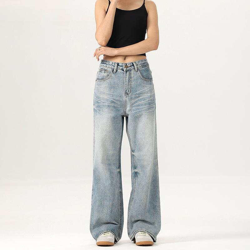 

Джинсы JIAMU Ice Blue Washed Unisex Baggy Straight-Leg с небрежными щетинками M синий