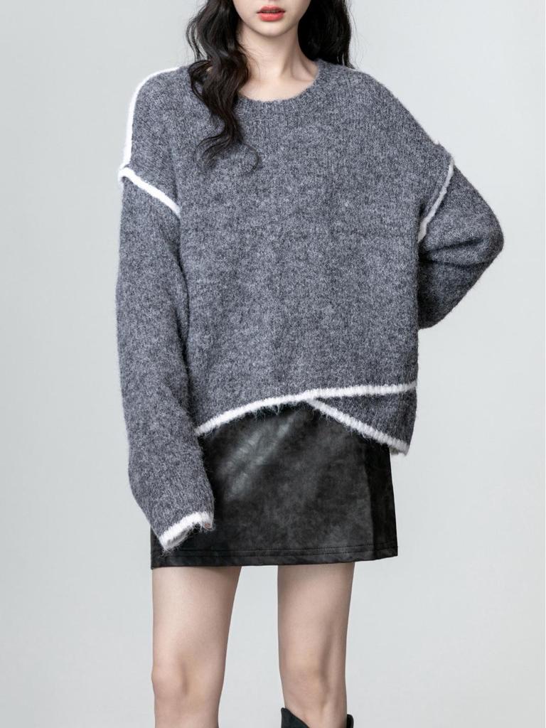 Women's Gray Crew Neck Sweater: 2025 Autumn/Winter New Design, Lazy Style, Loose Knit Pullover Top