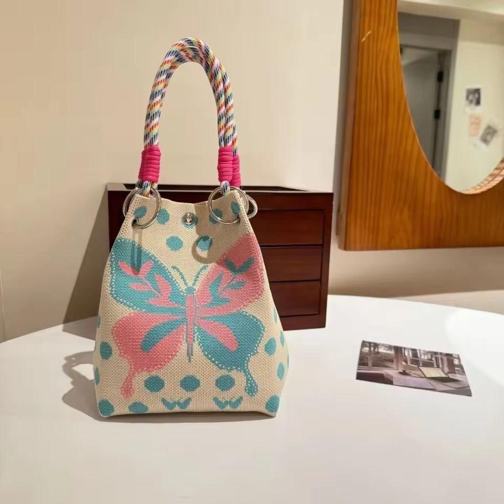 Cute Cartoon Knitted Bucket Bag Handmade Large Capacity Wrist Bag Woven Ring Buckle Shoulder Bag for Women Girls