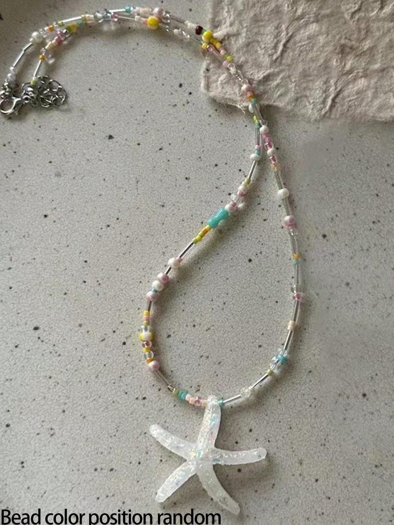 1pc Bohemian Style Colorful Beaded Sea Star Resin Necklace For Women, Perfect For Summer Beach Holiday