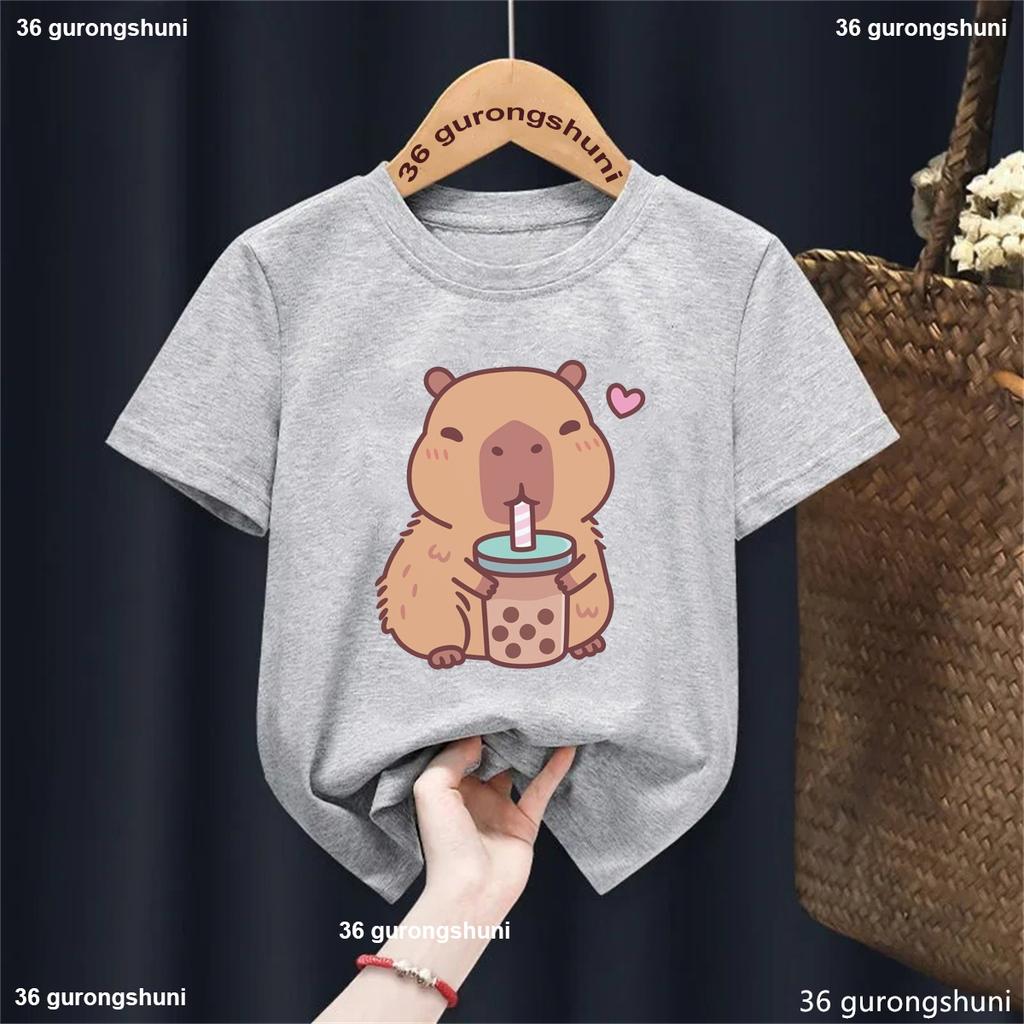 Funny T Shirt Capybara With Turtle Loves Bubble Milk Tea Printed T Shirt Girls/Boys Kawaii Kids Clothes Harajuku Shirt Tops