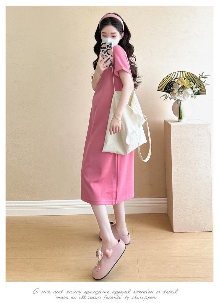 Summer 2026 Classic Maternity Knit Dress - Round Neck, Slim Fit, Short Sleeve, Plus Size