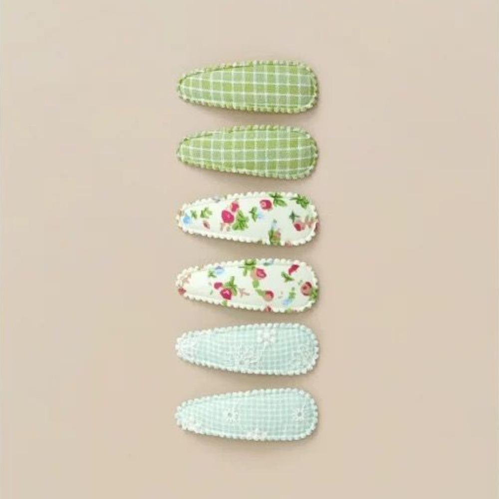 6 Pcs/Set Lovely 2inch Hair Clips Handmade Lace Embroidery Snap Clips Cotton Plaid Floral Print Hair Clamp Pins for Girl
