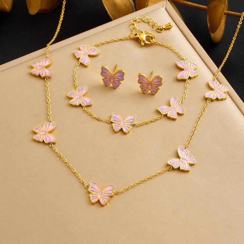 

Gold Plated Stainless Steel Purple Enamel Butterfly Jewelry Set (Necklace + Bracelet + Earrings) for Women розовый