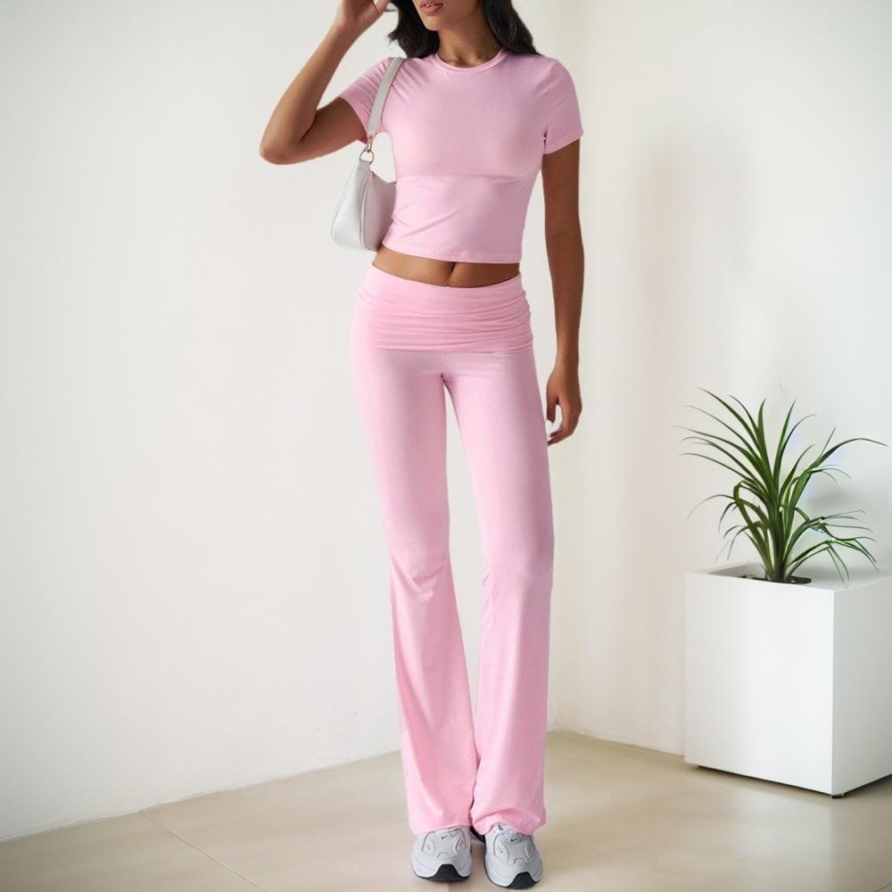 

2026 Spring and Summer New Popular Casual Fashion Suit Solid Color Versatile Short-sleeved Trousers Two-piece Set S розовый