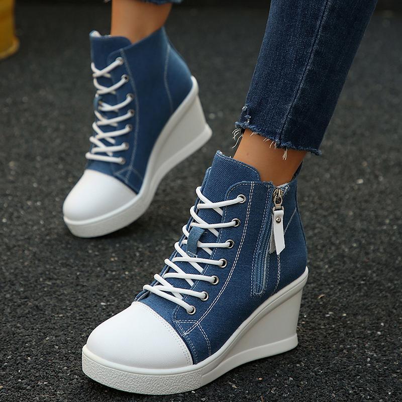 Fashion Women's Platform Wedge Heel High Top Sneakers Blue Denim Casual Canvas Shoes Woman Fashion Thick Sole Lace Up Vulcanized Shoes