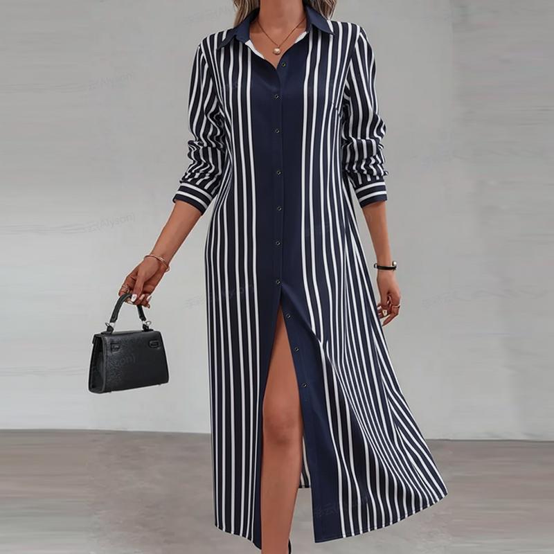 ZANZEA Women Casual Turn Down Collar Long Sleeve Stripe Dress