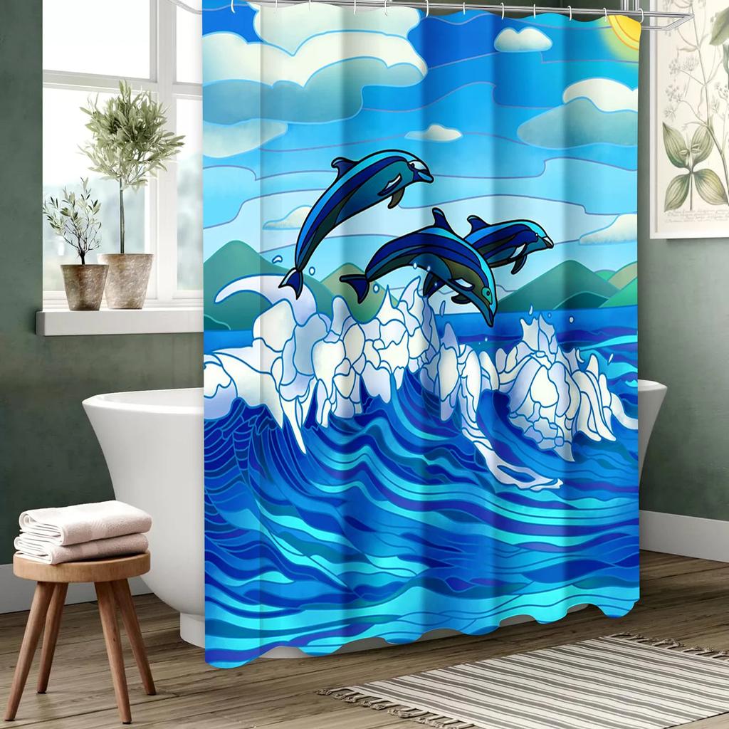 Whale sea wave Pattern Bathing Curtain  Bathroom Shower Curtain Waterproof With 12 Hooks Home Deco