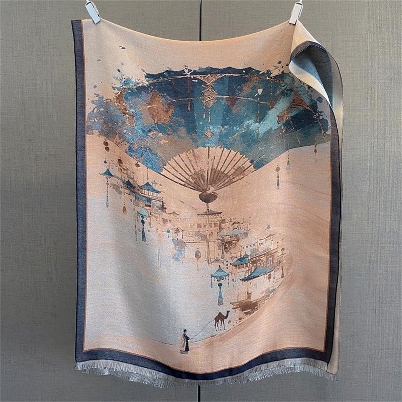 70*185cm Luxury Scarf Women Winter Warm Soft Shawls Faux Cashmere Painting Designer Thick Floral Wrap Poncho Pashmina Blanket