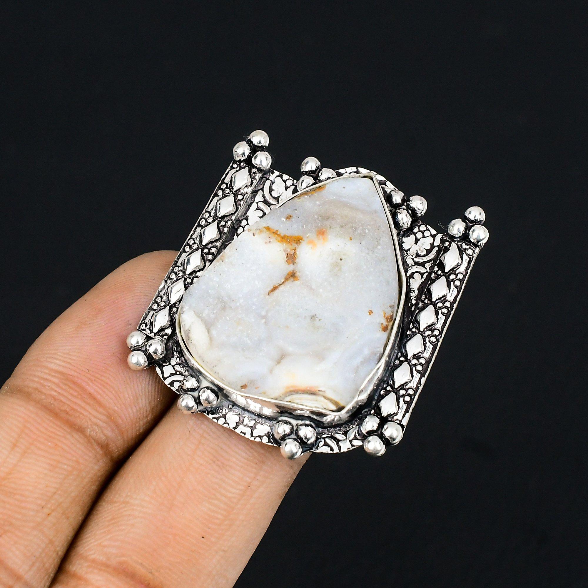 Natural Geode Agate Druzy Gemstone 925 Silver Statement Ring Size 6.5 For Girls 6.5
