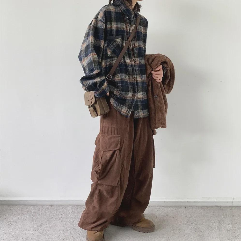 Unisex Japanese Retro Wool Plaid Long-Sleeve Shirt - Autumn/Winter College Style