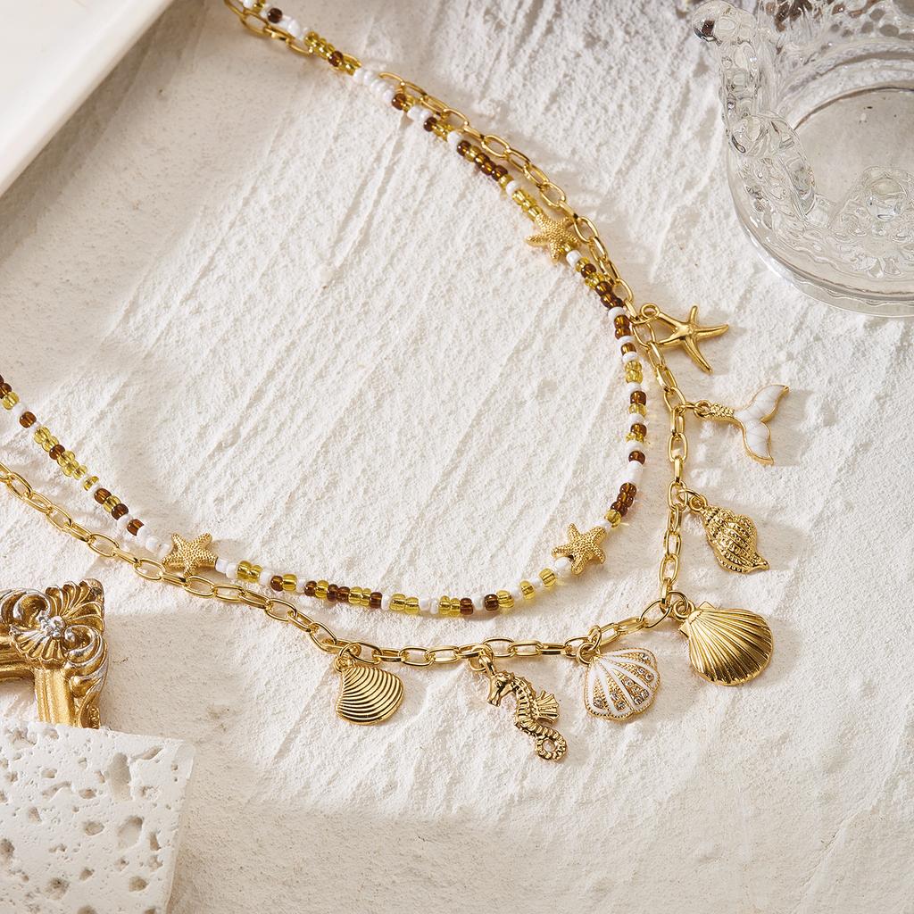 Vintage Shell Starfish Fishtail Clavicle Chain Necklace For Women Bohemian Rice Beads Choker Summer Beach Vacation Charm Jewelry