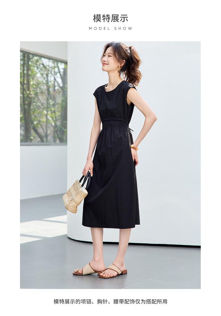 2026 Summer New Women's Waist Cinched Black Dress with Versatile Temperament, Slimming and High-end Women's Dress