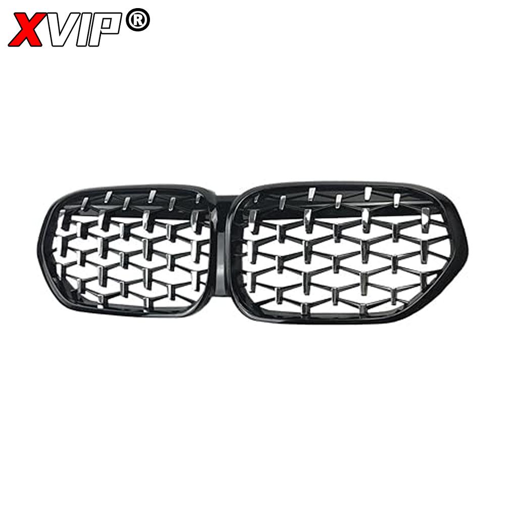 XVIP Carbon Fiber Look Double Line Style Front Racing Grills For BMW X1 F48 LCI 2020-2022 All Black Diamonds Style Upper Grilles