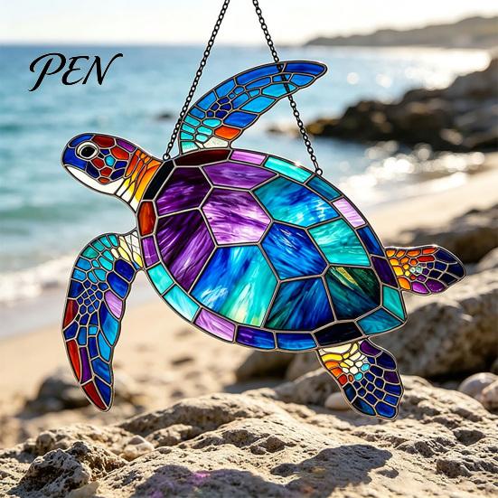Beach House Decorations Sea Turtle Suncatcher, Acrylic Window Hanging Ornament, Faux Stained Glass Gifts for Lovers Coastal Decor Ocean Lovers, Garden