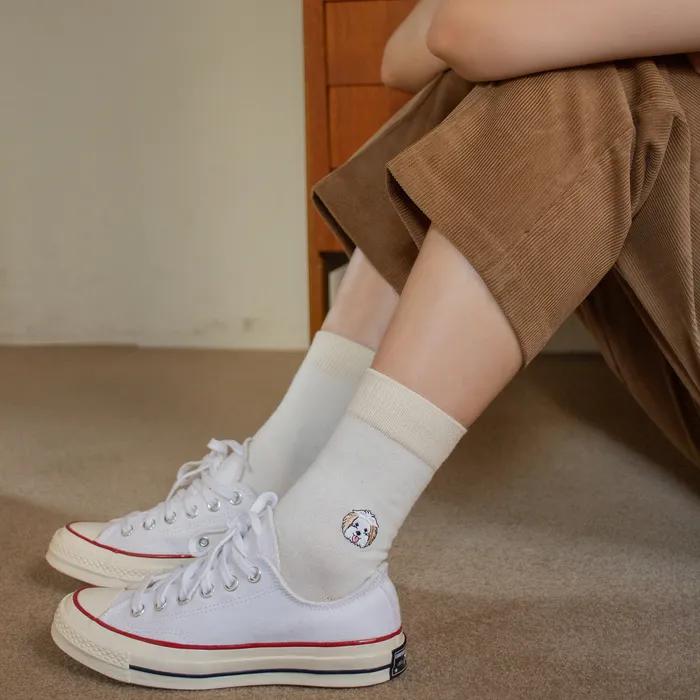 FEM Maltipom Dog Embroidered Socks - White Ivory