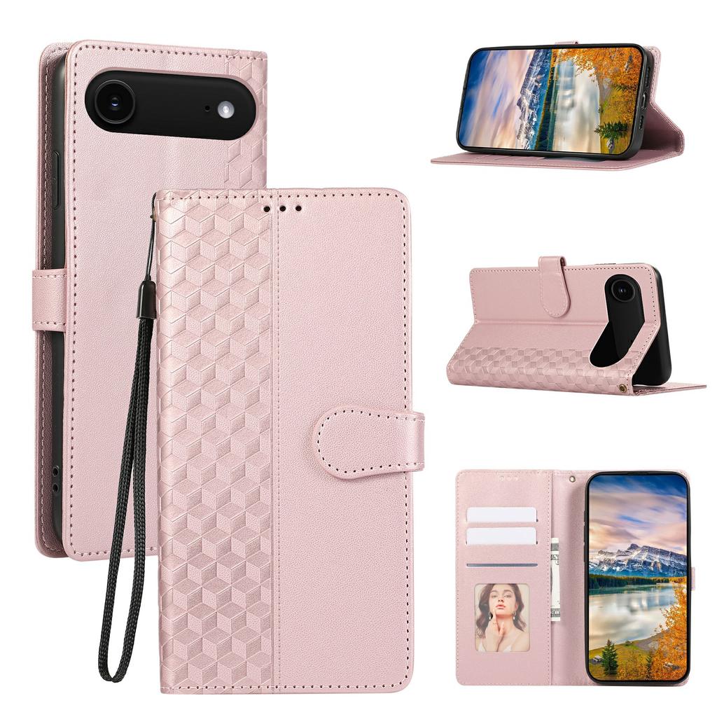 For iPhone 17 Air Case 3D Rhombus Grid Imprinted Wallet Leather Phone Cover with Lanyard