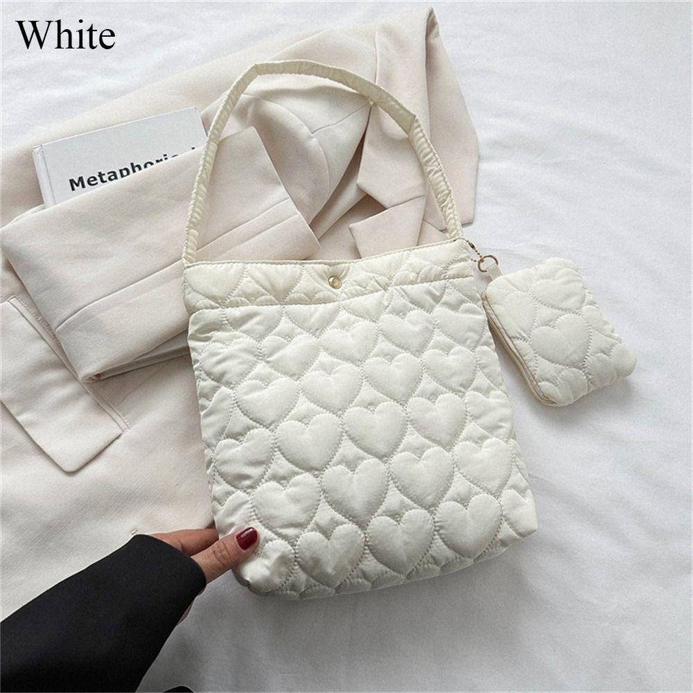

Quilted Shoulder Bags Casual Down Cotton Padded Large Capacity Shopping Bags Solid Color Handbags Women Girls белый