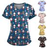 Women's Plus Size V Neck Christmas Print Nurse Scrub Top with Pockets Short Sleeve Medical Uniform Shirt for Healthcare Professionals