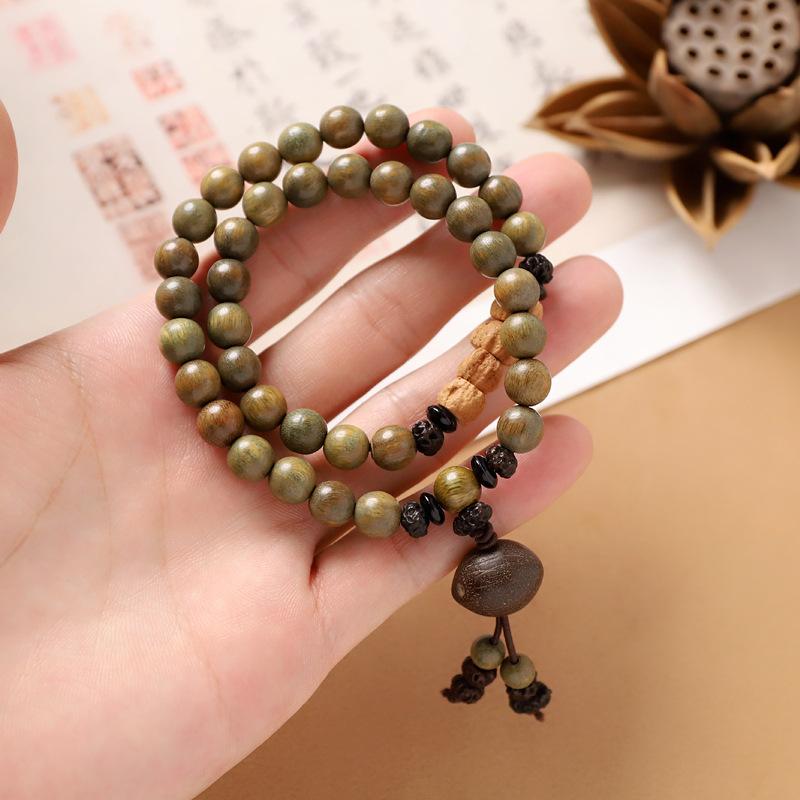 Multi-circle green sandalwood bracelet, men's and women's cultural play plate play bracelet, agate wooden Buddha beads stacked with accessories
