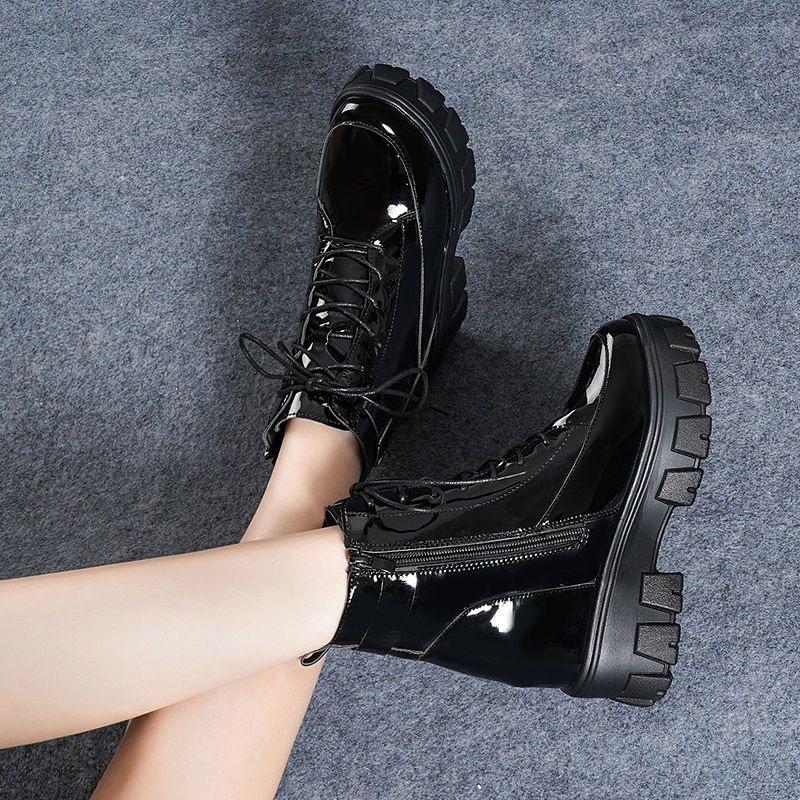 Patent leather glossy Martin boots winter soft leather inner height increase leather shoes middle tube