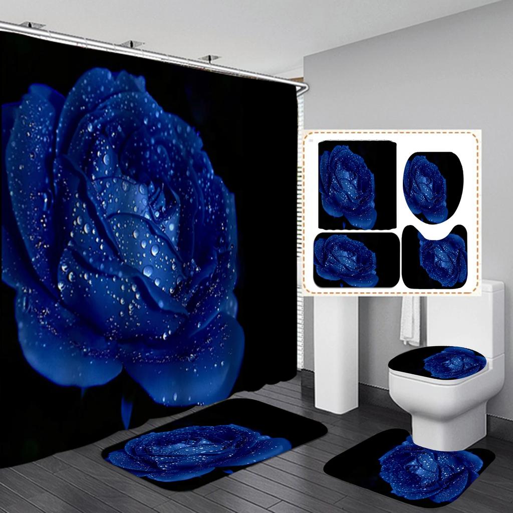 Rose Flower Waterproof Polyester Shower Curtain Set Nature Flowers Bathroom Curtains Set Non-Slip Bath Rug Toilet Cover Mat