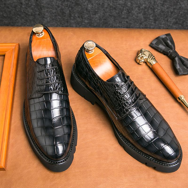 Men Derby Shoes PU Lace Up Thick Sole Heightened Pointed Leather Shoes Comfortable Wedding Groom Shoes for Business Banquets