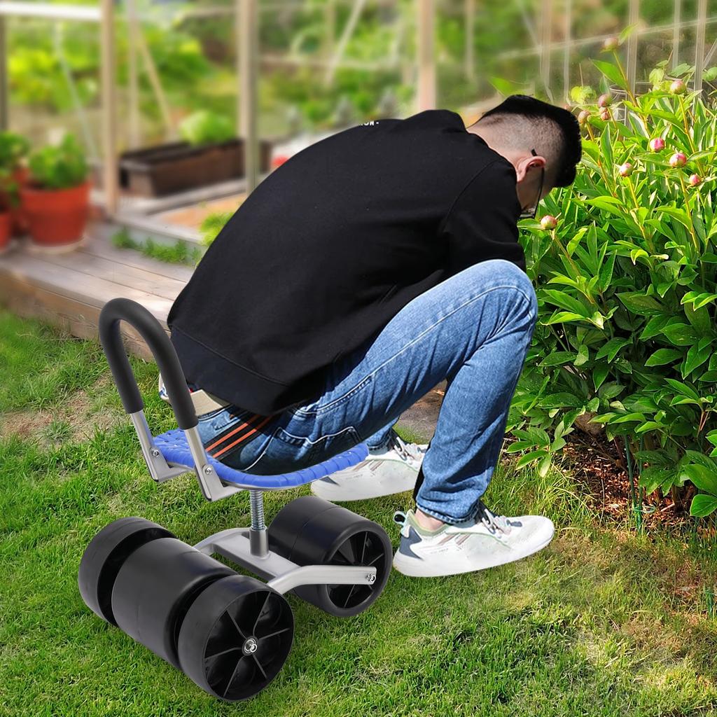 Sgabello da Giardino a Rotelle, Sedile da Lavoro con 4 Ruote, Carrello Sedile Stabile e Robusto, Altezza e Direzione Regolabili, Ginocchiere per Giardinaggio