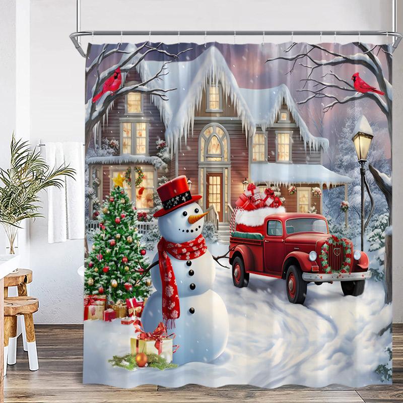 Cute Snowman Christmas Shower Curtains Santa Claus Xmas Tree Truck Winter Forest Scenery Home Bathroom Decor Bath Curtain Set
