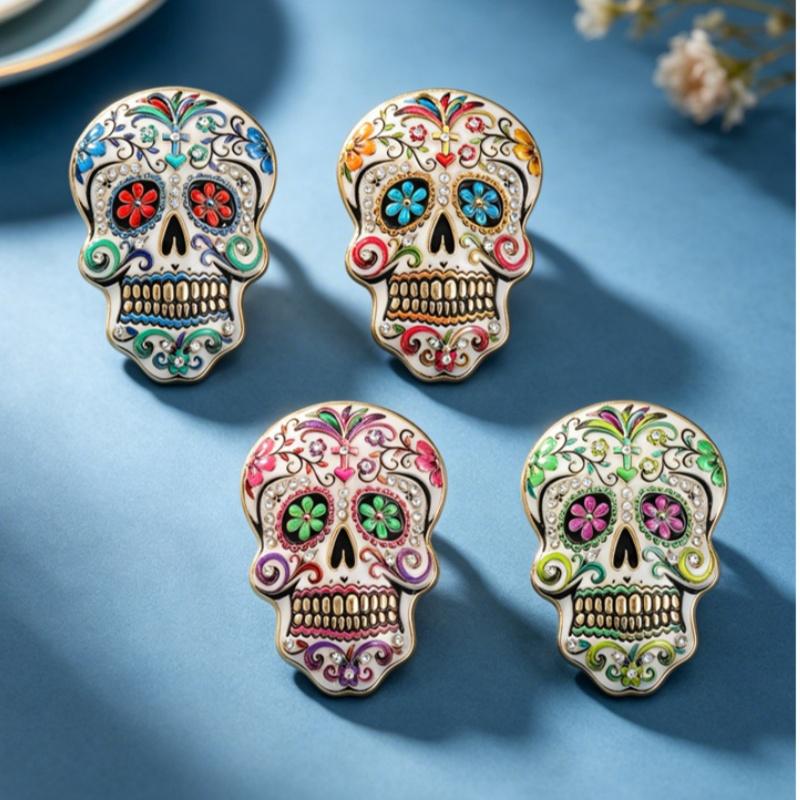 Colorful Flowers Sugar Skull Brooch With Vibrant Enamel Sparkly Rhinestone Accents For Day Of The Dead And Halloween Parties