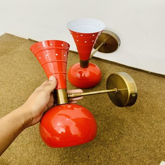 Shiny Red Wall Sconce Pair 1950s Mid Century Brass Italian Diabolo Wall Sconce Light Fixture 2 Bulb Pair