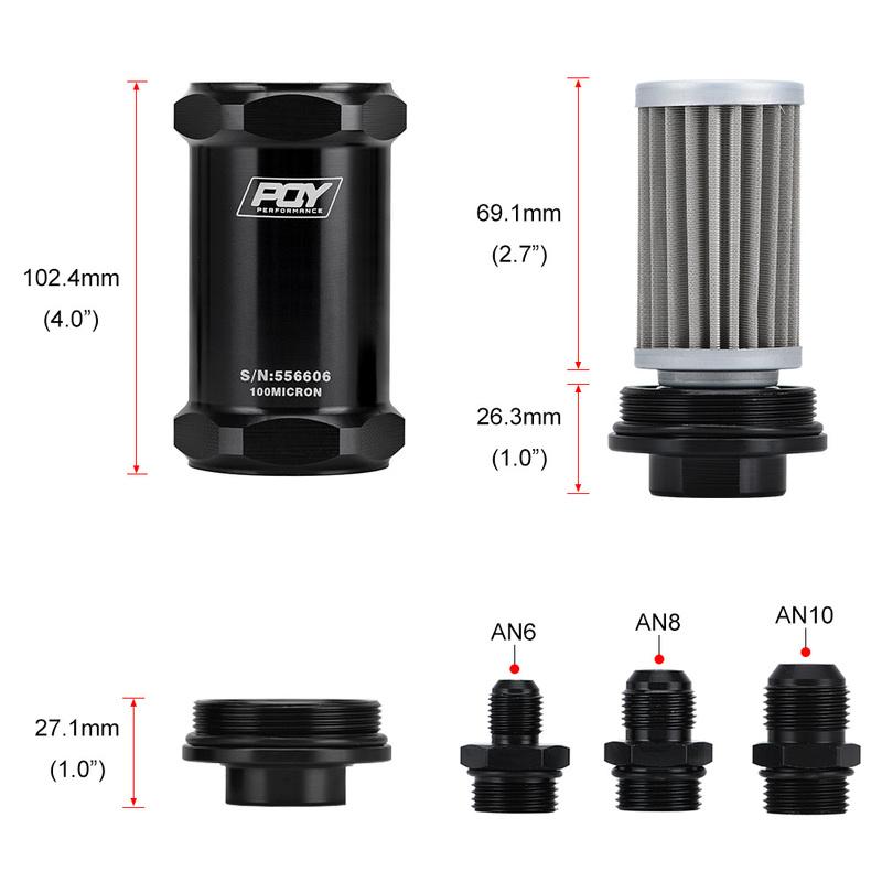 PQY BLACK AN6 / AN8 / AN10 Inline Fuel Filter E85 Ethanol With 100 Micron Stainless steel element and PQY sticker