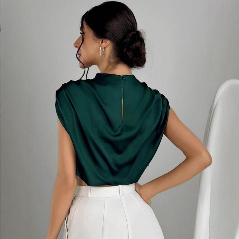 Women's Spring Summer Pleated Satin Shirt Color Ding Imitation Silk Short Shirt