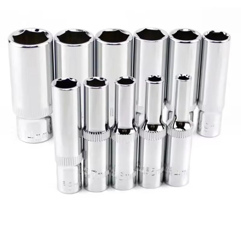 11pcs 1/4 interface long chrome vanadium steel socket, 4mm-14mm socket, 6.35mm industrial grade socket wrench head, ratchet tool
