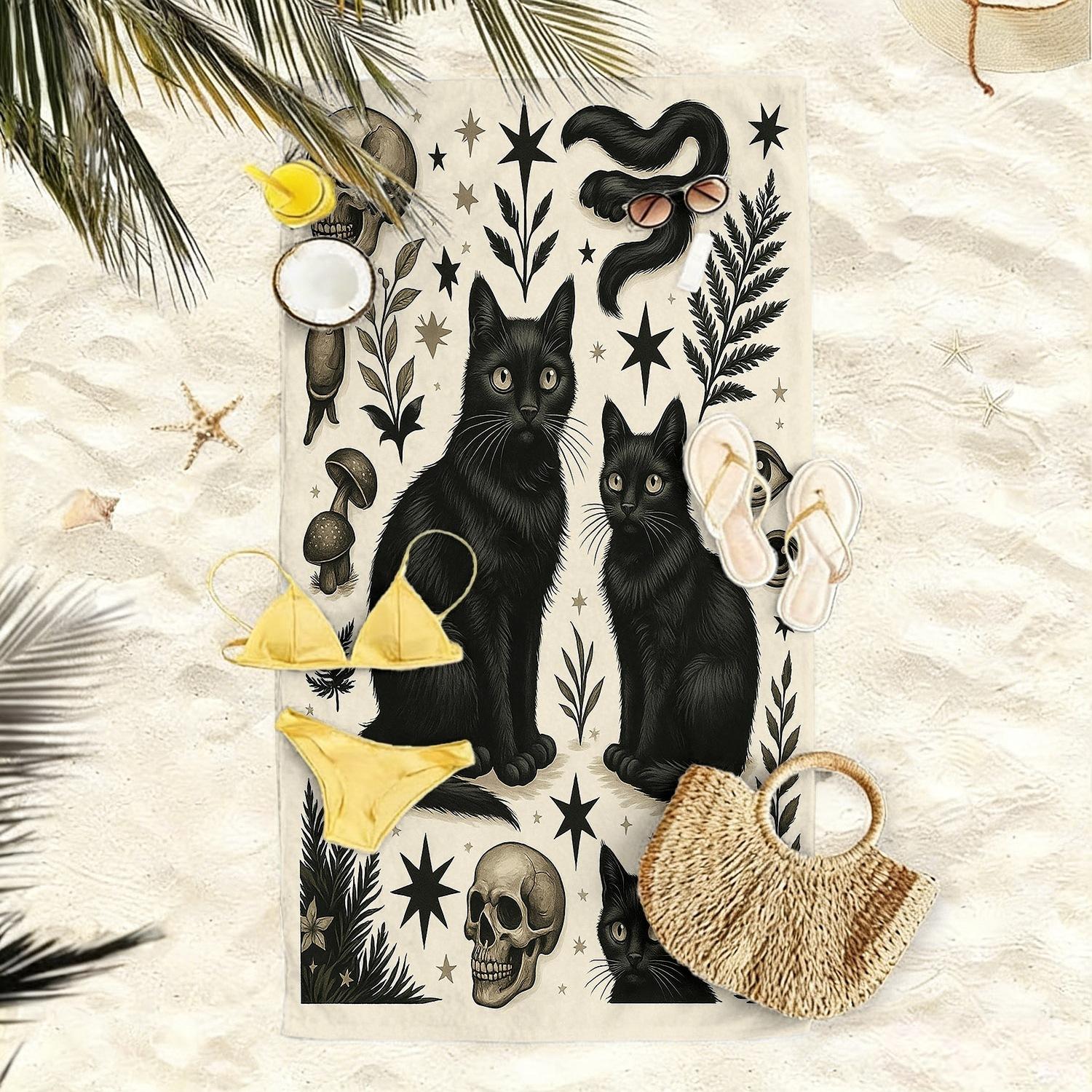 

Gothic Black Cat Skull Mushroom Print Beach Towel Quick Dry Microfiber Sand Free Absorbent Washable for Summer Pool Travel W30*H60(CM)