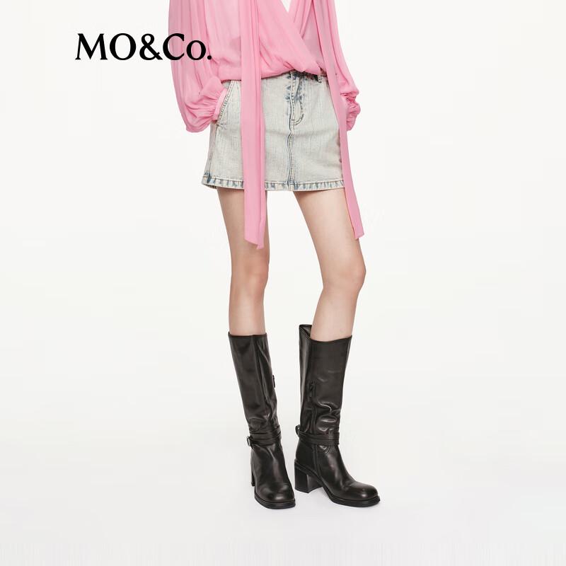 MO&Co. Washed Denim Short Skirt with Belt