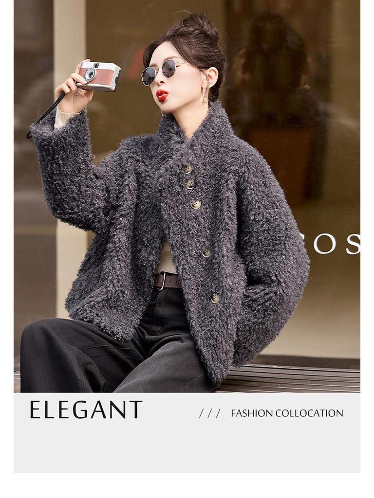 Women's Wool Fur-Trim Coat - Autumn/Winter, Casual Loose Fit, Stand-Up Collar, Single-Breasted (HE8835)