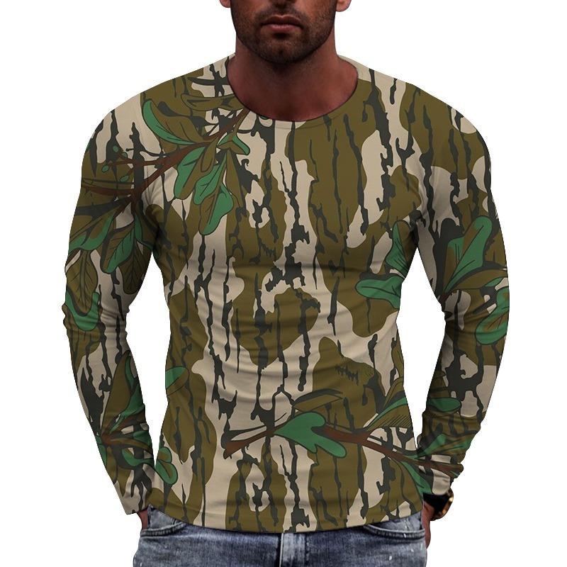 Men's Camouflage Printed Long Sleeve T-shirt European Size Casual round Neck Top Trendy Autumn Wear